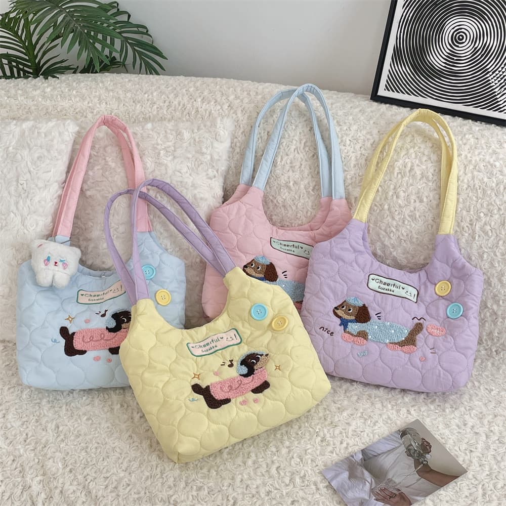 Novo estilo saco estilo preguiçoso estudante classe mochila bonito bordado filhote de cachorro contraste cor bolsa de om