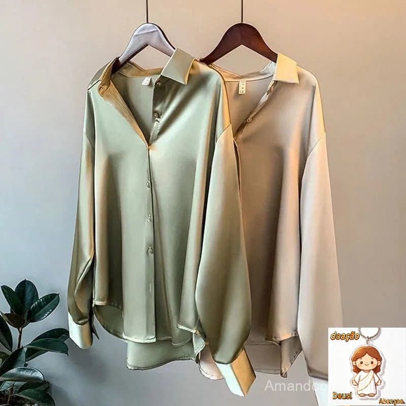 Camisa de Seda Feminina com Mangas Longas/Retro/Tamanho Plus/Primavera 2021