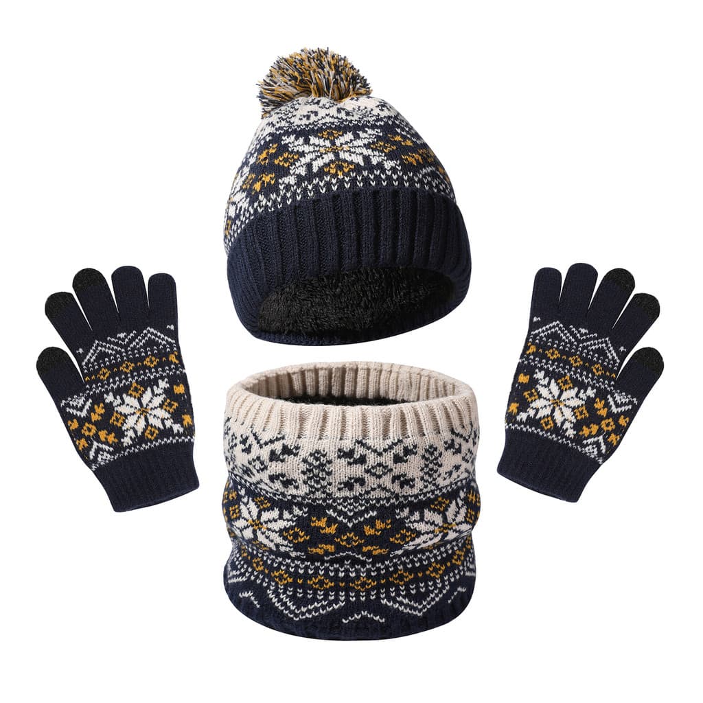 Kit 3 Peças Infantil Chapéu Tricô Floco de Neve Cachecol e Luva Inverno Térmico Aconchegante Unissex