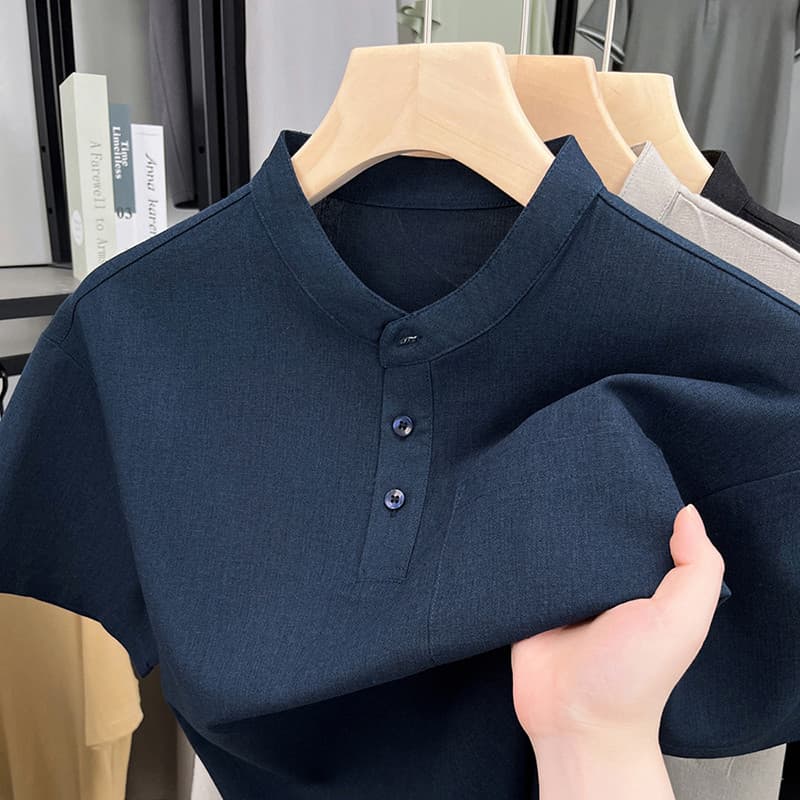 Linho ~ masculino verão novo estilo gola Henry camiseta de manga curta pai usar camisa polo de bolso Real seda gelo lega