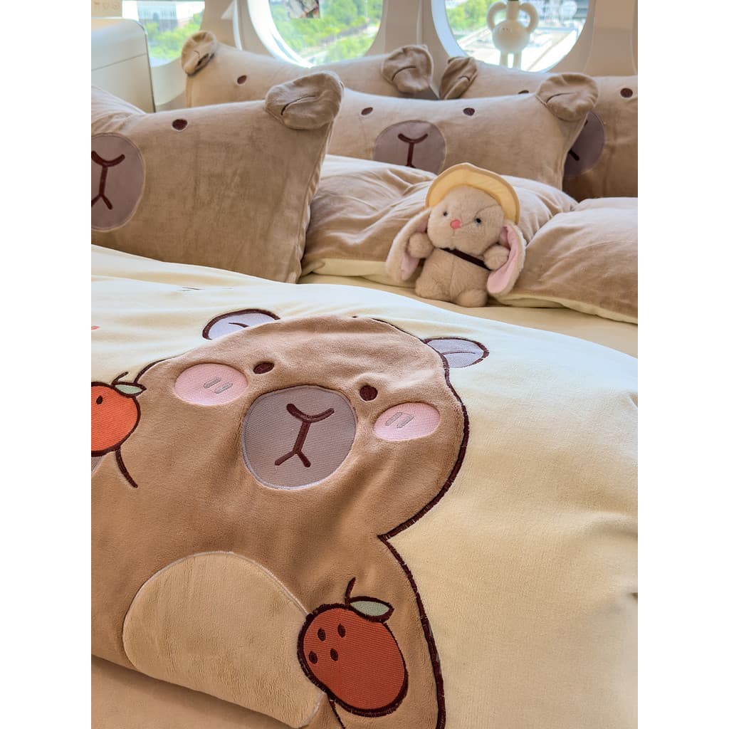 Conjunto de quatro peças de lã de leite dos desenhos animados coral velo estilo inverno remendo bordado urso de pelúcia