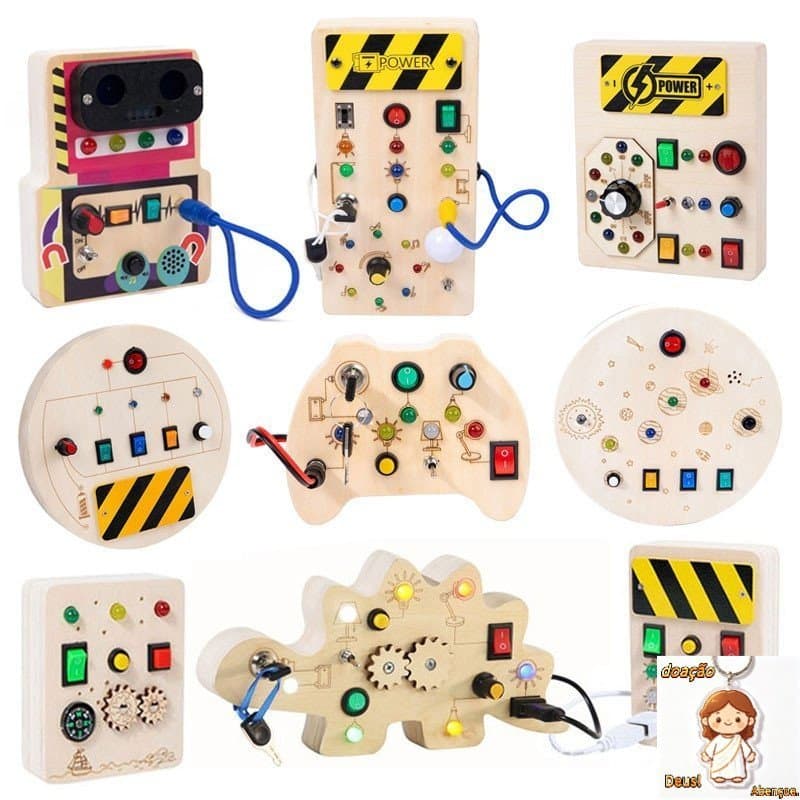 Montessori brinquedos sensoriais Placa ocupada de madeira com interruptor de luz LED Atividades de viagem Jogos infantis