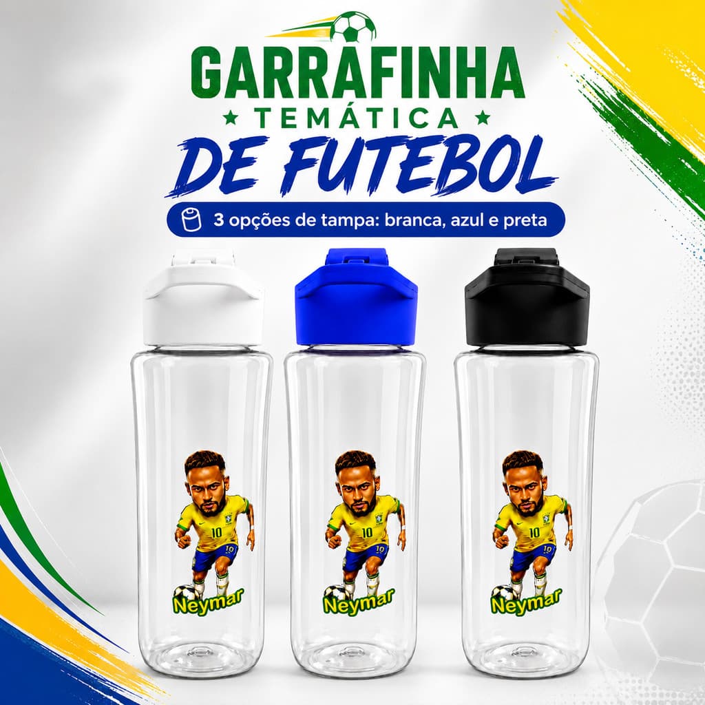 Garrafa Squeeze Neymar Infantil Futebol Brasil Transparente Com Tampa Colorida Escolar Treino Academia