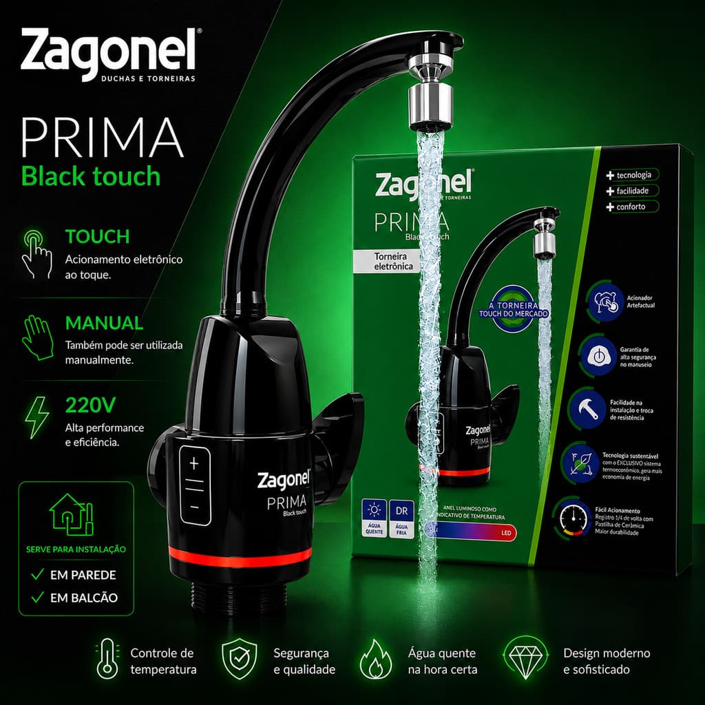 Torneira Elétrica Prima Black Touch 220V 5500w Touch ou Manual Parede ou Balcao Zagonel
