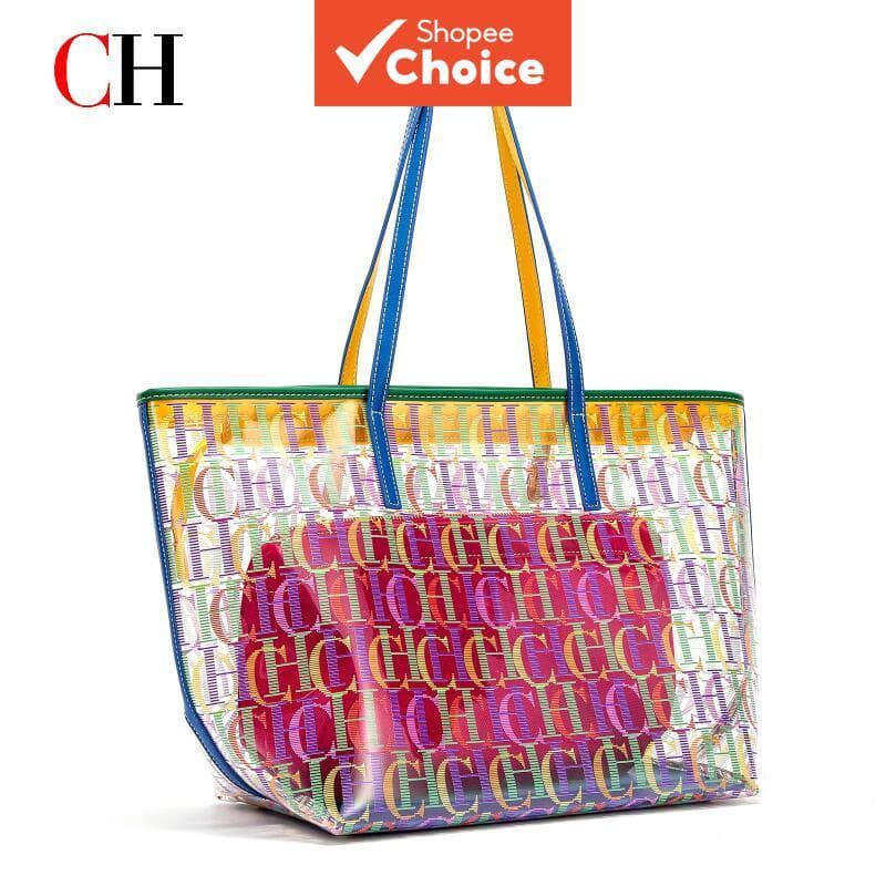 Bolsa de PVC transparente com estampa de letras coloridas, bolsa de ombro de grande capacidade, bolsa casual de praia