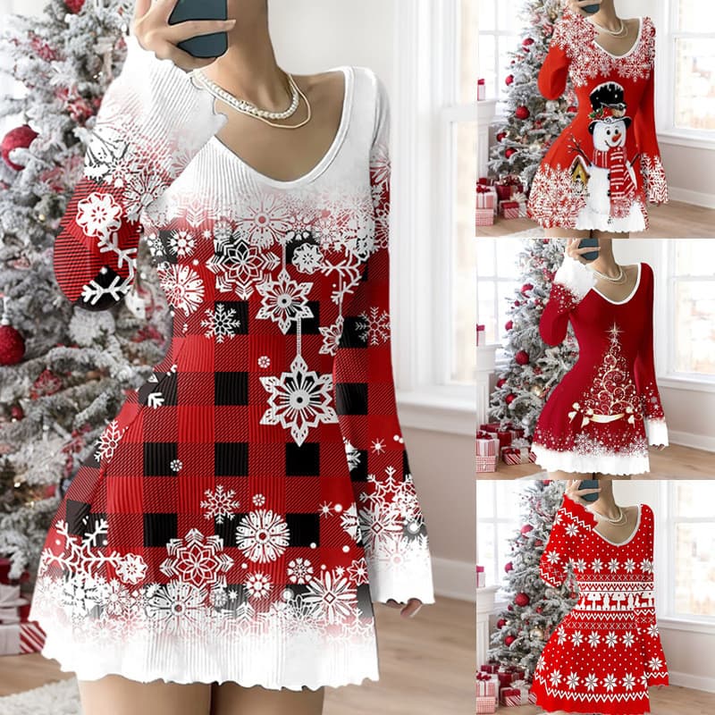 Outono inverno Cross-Border novo estilo feminino com decote em V elástico Pit Strip natal impresso vestido de manga larg