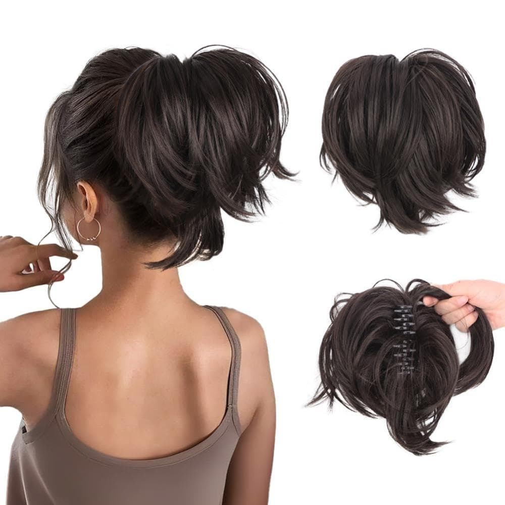 Clipe De Garra  Em Pães De Cabelo , Rabo De Cavalo Reto Bagunçado Sintético Updo , Peças Falso Curto Natural Fofo
