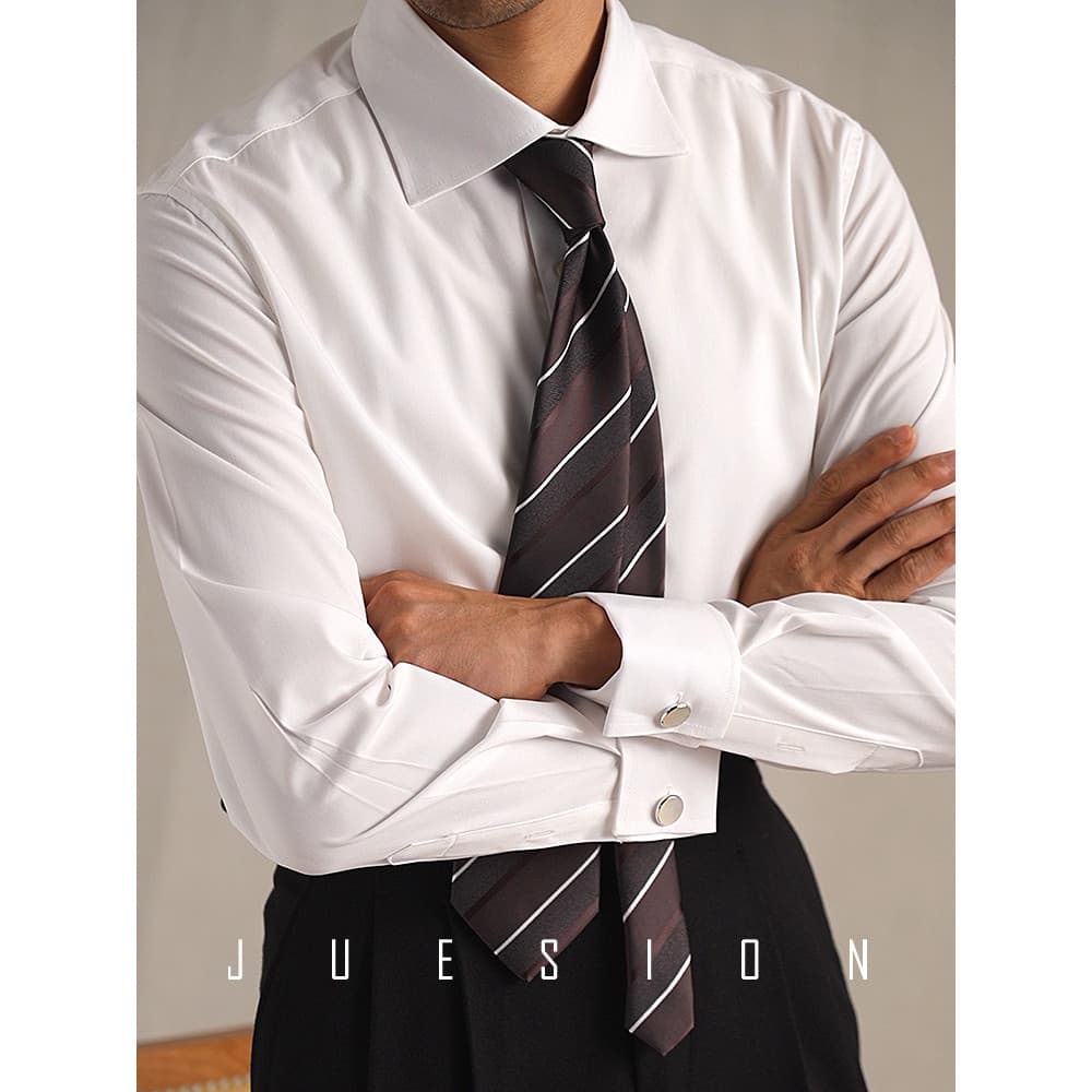 Jusion terno de negócios de manga francesa sem ferro, camisa branca masculina, camisa Formal de casamento de manga compr