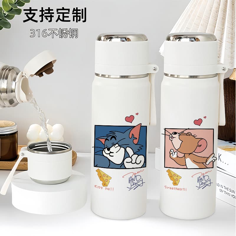 Tom e Jerry copo de água bonito gato e rato copo grande capacidade alça garrafa térmica tampa garrafa de água potável