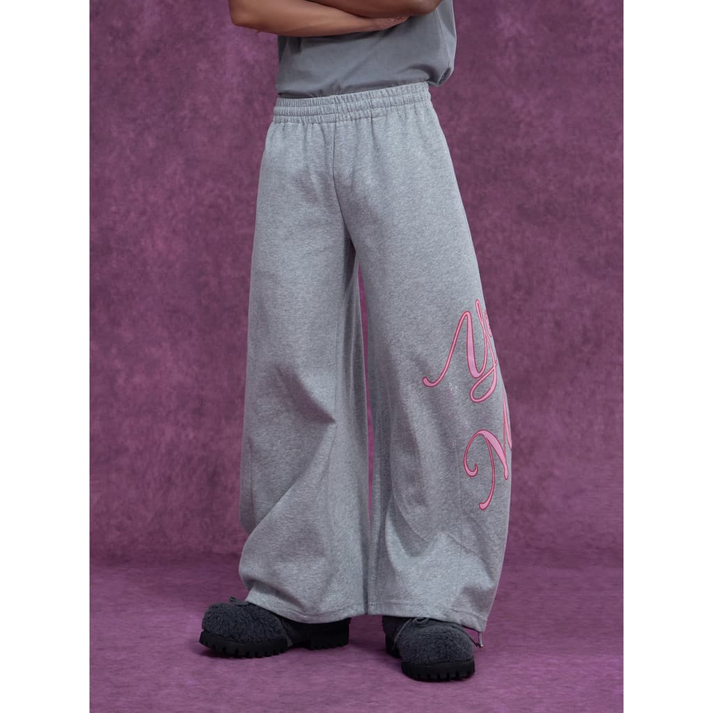 CLP Cinza Texto Impresso Calça de Moletom Esportiva Cintura Elástica Solta Perna Larga Reta Calça Casual Americana Calça