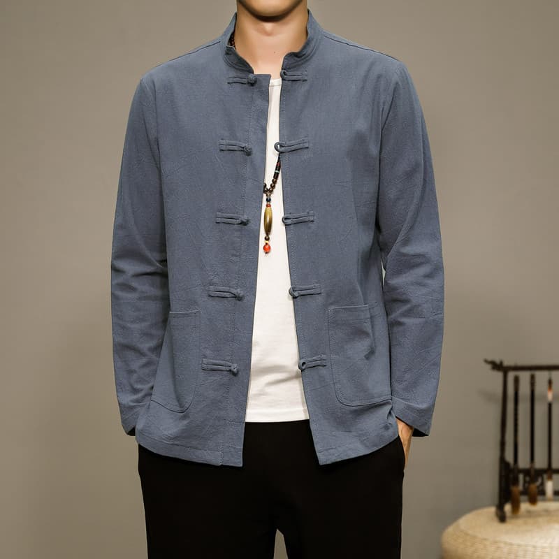Outono estilo chinês linho camisa de manga comprida masculina Plus Size cor lisa roupas de chá Zen roupas botão Hanfu Ta