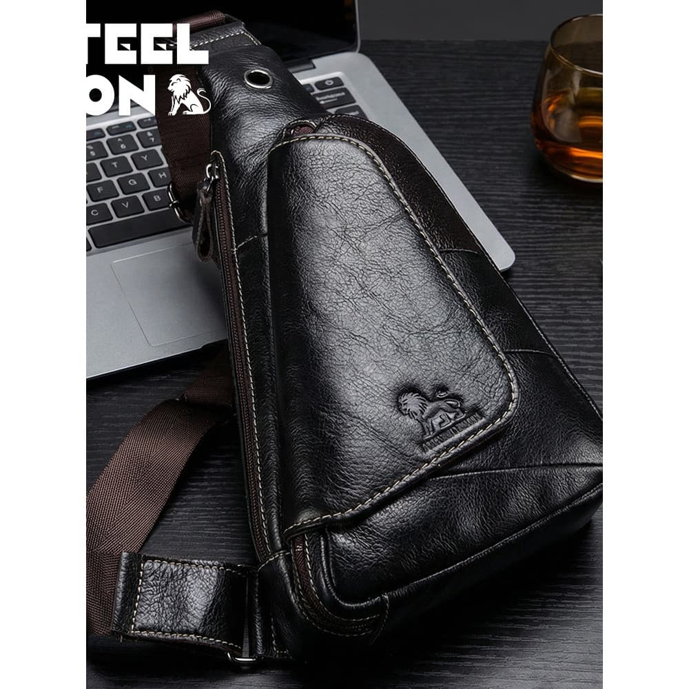 Bolsa de peito de couro de primeira camada, bolsa masculina de couro genuíno, moda retrô, bolsa mensageiro de um ombro,