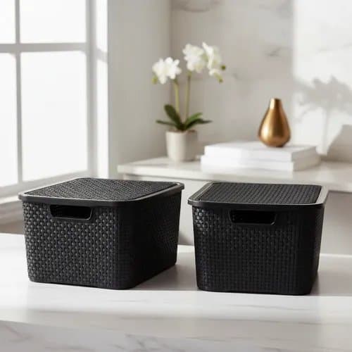2 Cesto Caixa Organizadora Tampa Plástico Rattan 28x36x47cm Preto Lisa