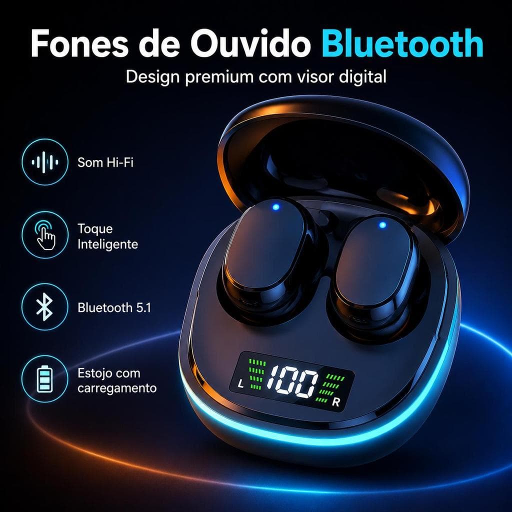 Fone de Ouvido Bluetooth 5.1 Sem Fio com Visor Digital LED, Controle Touch, Som Hi-Fi e Estojo de Carregamento