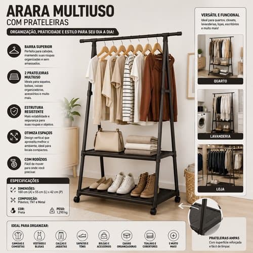 Arara Roupas Multiuso Organizador Portatil Estante Prateleiras Closet Dormitorio Preto