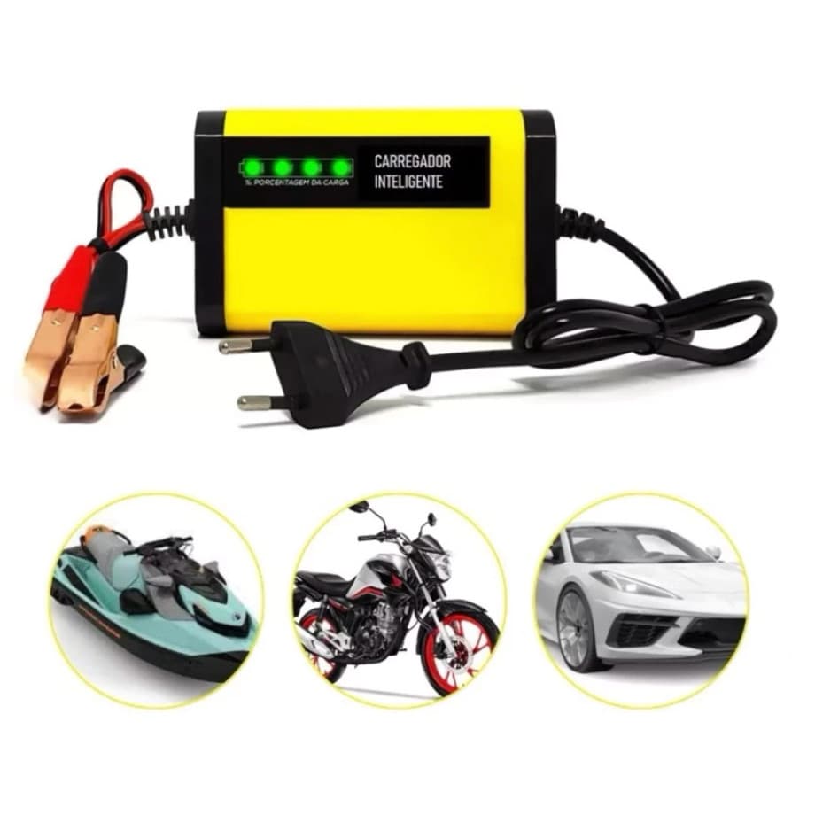 Carregador de Bateria carro E Motos 12v Inteligente 2Ah Bivolt Proteção contra Polaridade Circuito