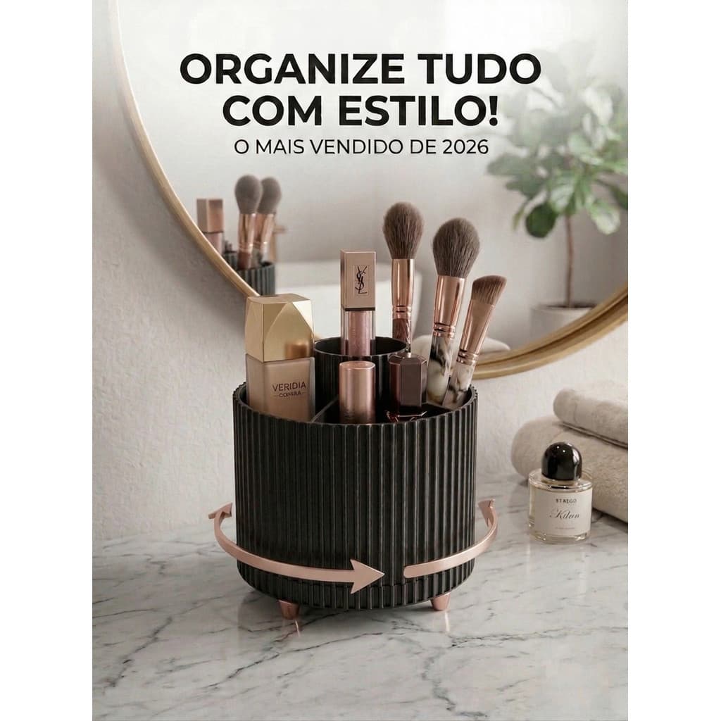 Organizado De Maquiagem Giratório 360° Preto Premium C/ Divisória 6 Compartimentos