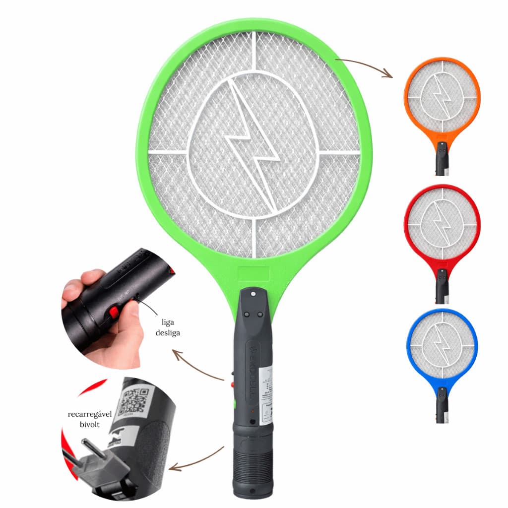 Raquete Elétrica Mata Mosquitos Bivolt,  Recarregável, Alta Potência Cores Variadas