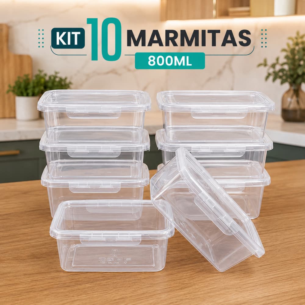 Kit 10 Marmita Potes 800ml com Travas Laterais BPA FREE - Alimentos organizadores de congelador
