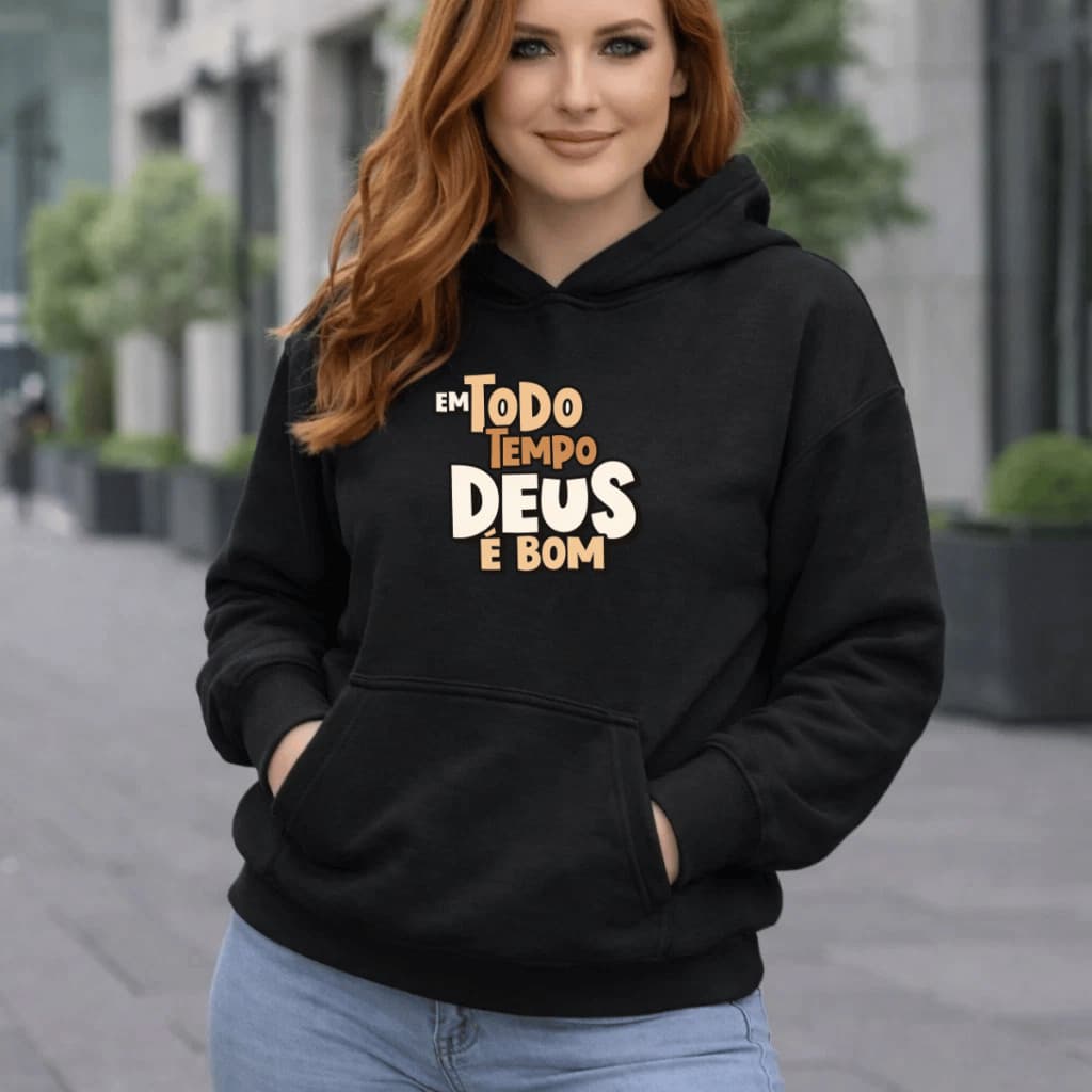 Moletom Feminino Canguru Cristão Estampado Deus É Bom Blusa De Frio 100% Algodão