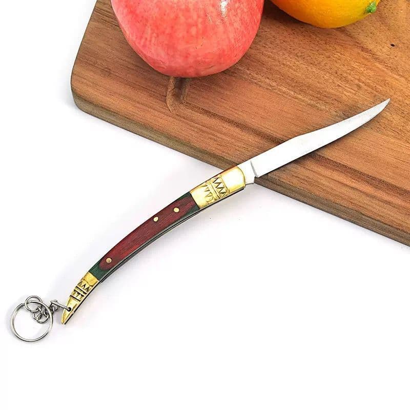 Faca Camping Bolso com Chaveiro Lâmina Inox Cabo de Madeira Multiuso Compacto