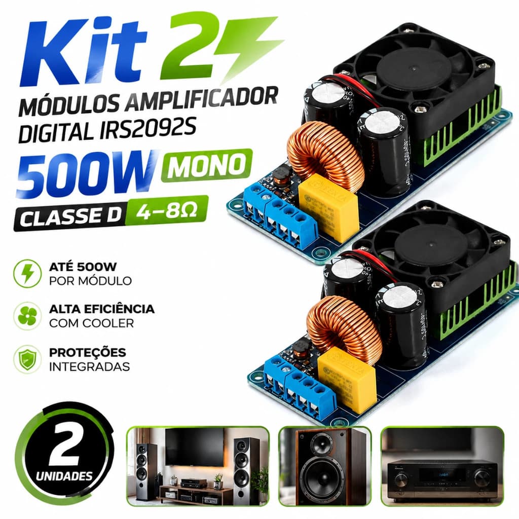 Kit 2 Módulos Amplificador Digital IRS2092S 500W Mono Classe D Para Som Hi-Fi 4-8 Ohms
