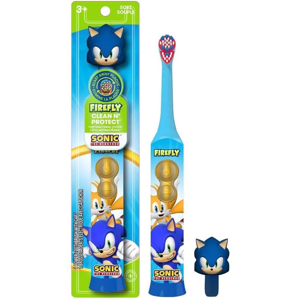 FIREFLY Limpeza e Proteção, escova de dentes Sonic the Hedgehog com capa higiênica 3D, cerdas macias premium, cabo antid