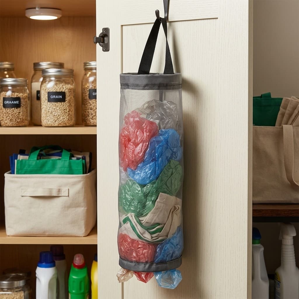 Puxa Saco Transparente de Malha Organizador de Sacolas de Compras Porta Sacolhinha de Parede