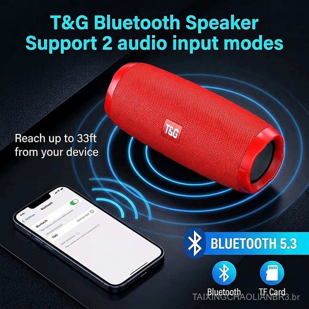 Caixa de Som Bluetooth Portátil T&G TG, Caixa de Som Sem Fio à Prova d'Água IPX4 com Subwoofer, Estéreo de 10W, Mini Cai