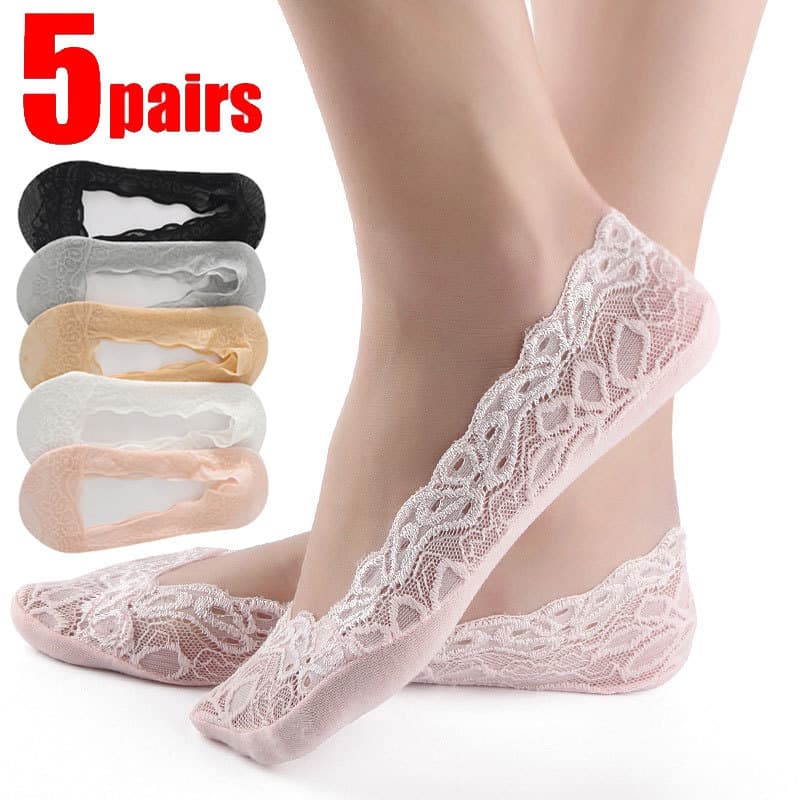 5 Pares/Lote Meias Invisíveis De Renda Feminina Verão Transparente Curto Não-Show Flor Baixo Corte Silicone Antiderrapan