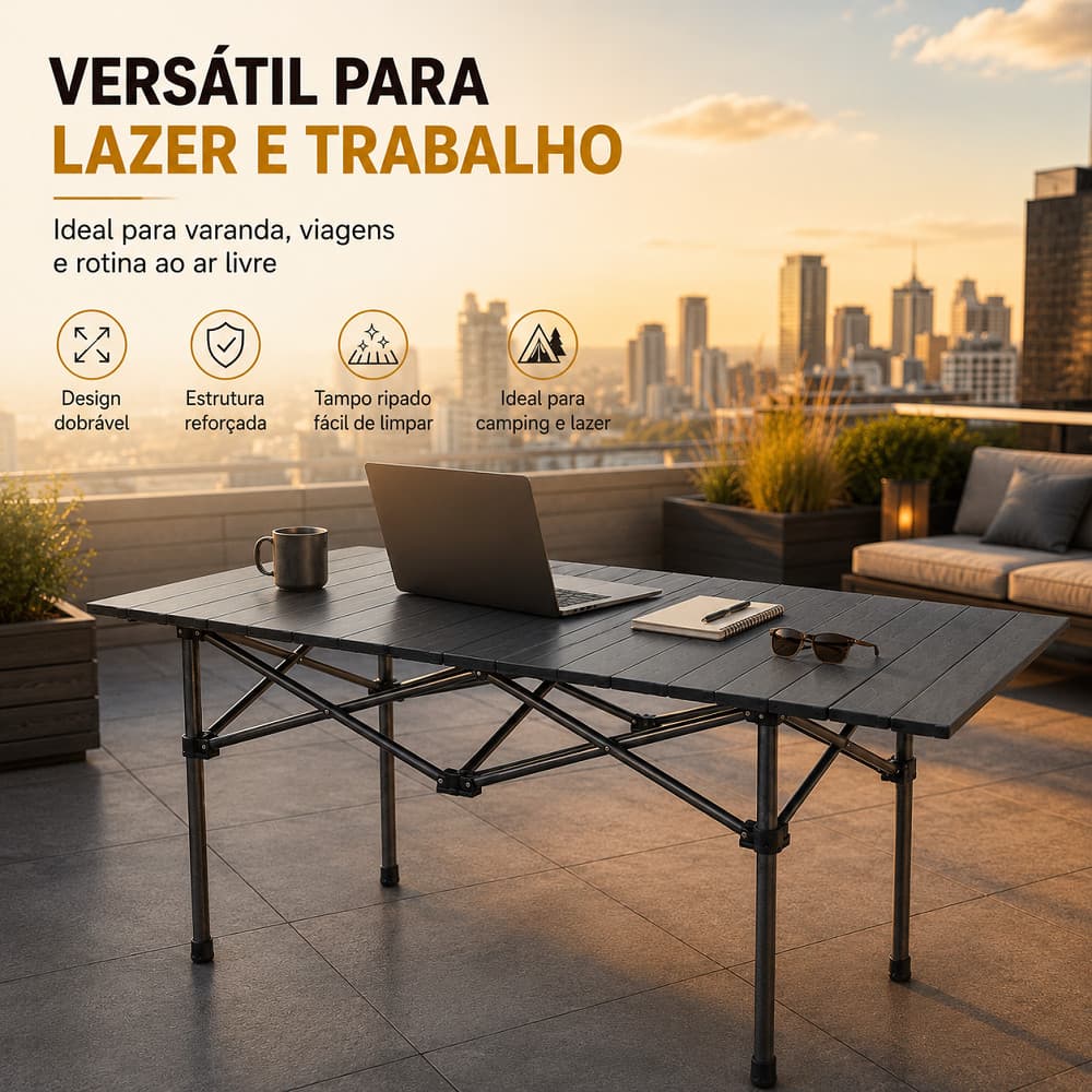 Mesa Portátil Dobrável Preta Para Camping E Piquenique, Superfície Para Guardar No Porta-Malas Do Veículo