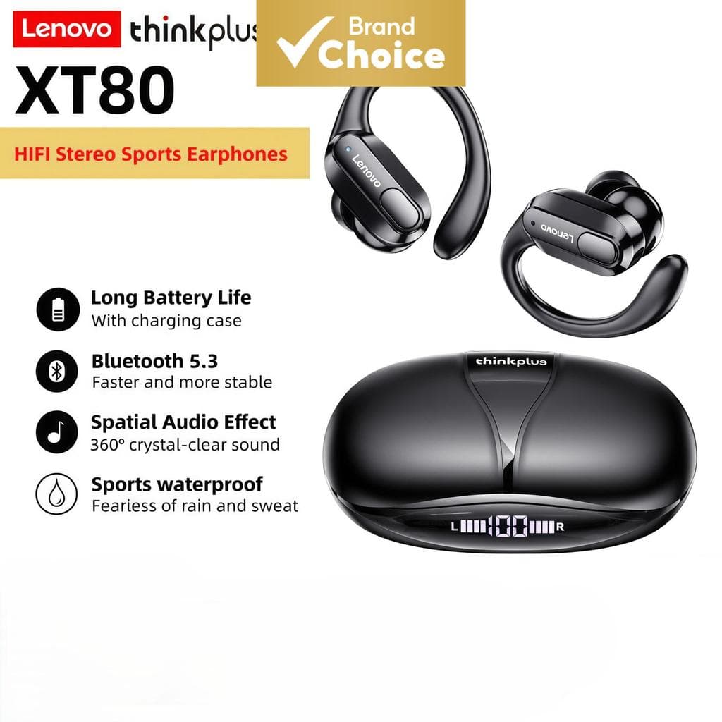 Fones de ouvido Lenovo XT80 com microfones, som estéreo HiFi, esportivos sem fio, visor de energia LED, fones Bluetooth