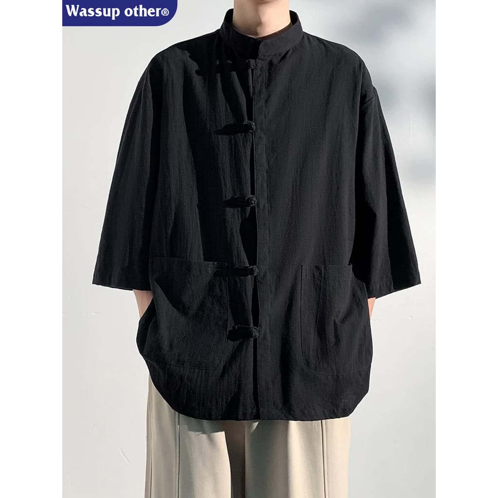 WASSUP OUTRO Zhongshan Terno Camisa de Manga Curta Homens Verão Seda Gelo Estilo Chinês Camisa de Linho de Algodão Novo