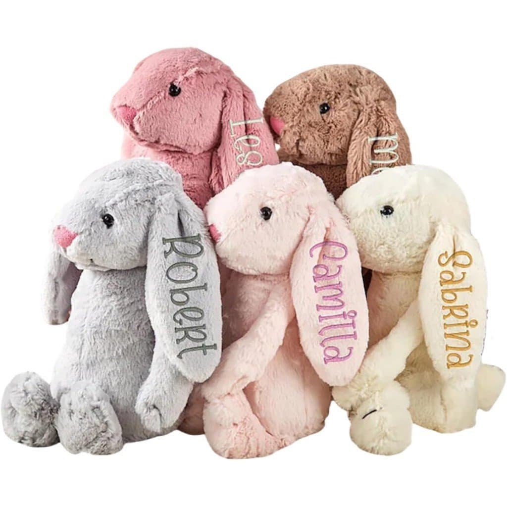 Coelhinho de pelúcia bordado com o nome da criança - coelho de orelhas compridas personalizado, presente para bebê, brin