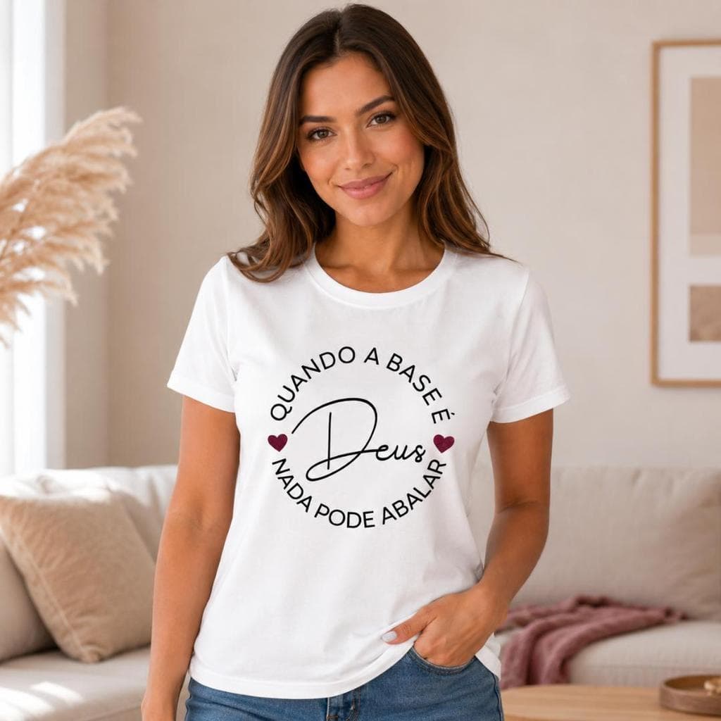 Blusa Feminina Estilosa Cristã 100% Algodão Quando a Base é Deus Nada Pode Abalar Manga Curta Confortável