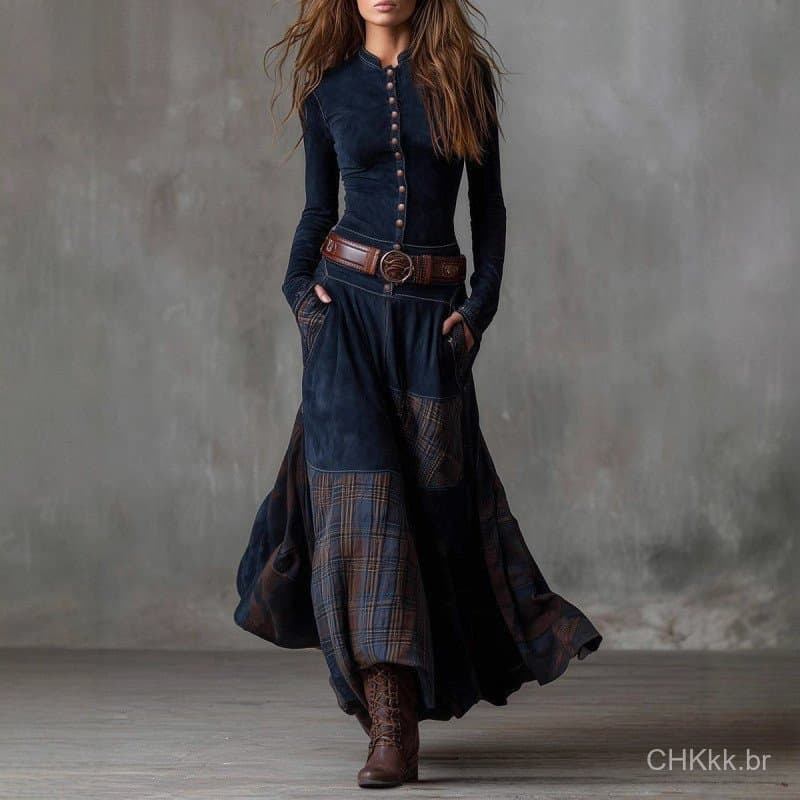 Vestido Longo Vintage de Camurça com Patches Xadrez para Mulheres