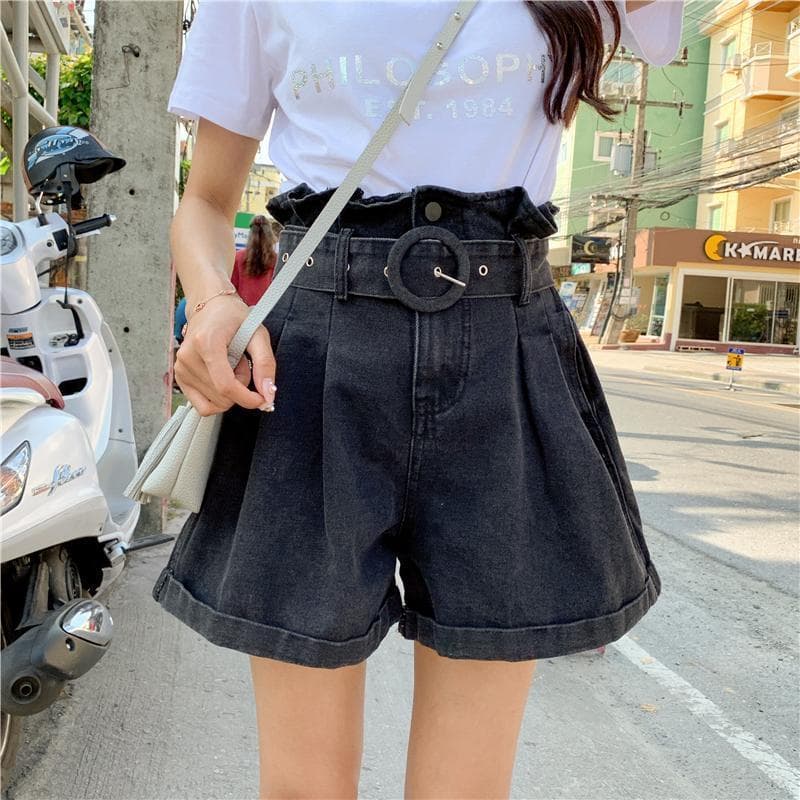 Shorts jeans femininos de verão com corte slim para estudantes, perna larga, cintura alta, estilo coreano, com bainha fl