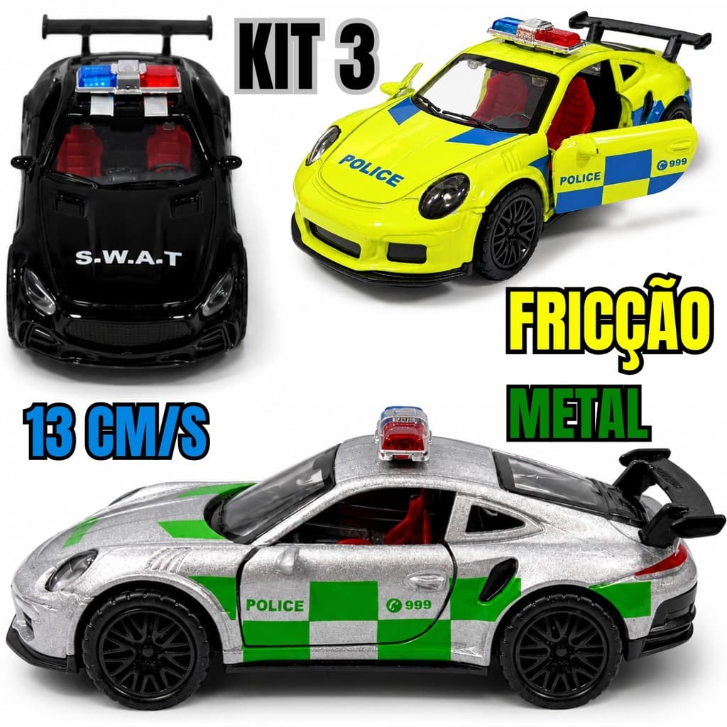 Kit com 3 Carrinhos de Metal Fricção 13cm Sortidos