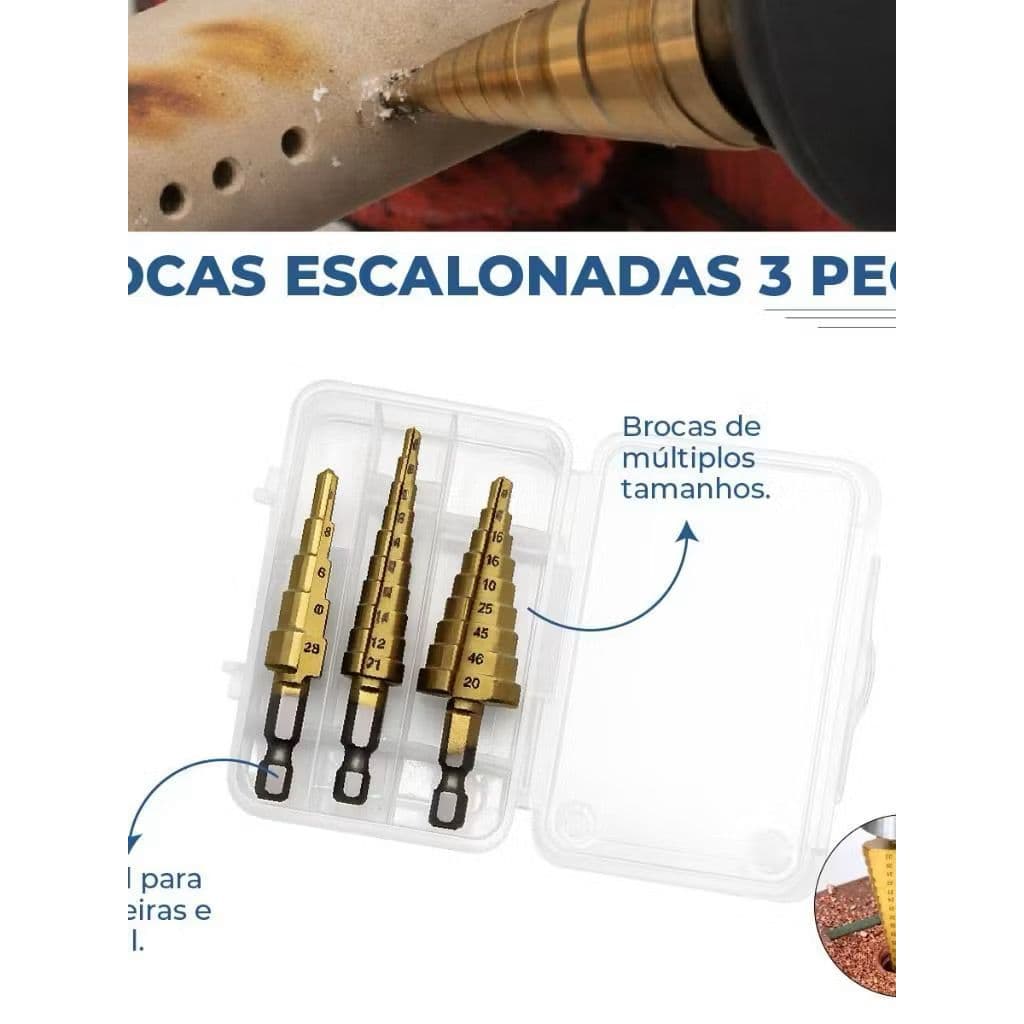 Jogo de Brocas Escalonada HSS Titanium Maleta 3 Peças  Alta Durabilidade Kit Broca 3 Peças para Metal Madeira Plástico