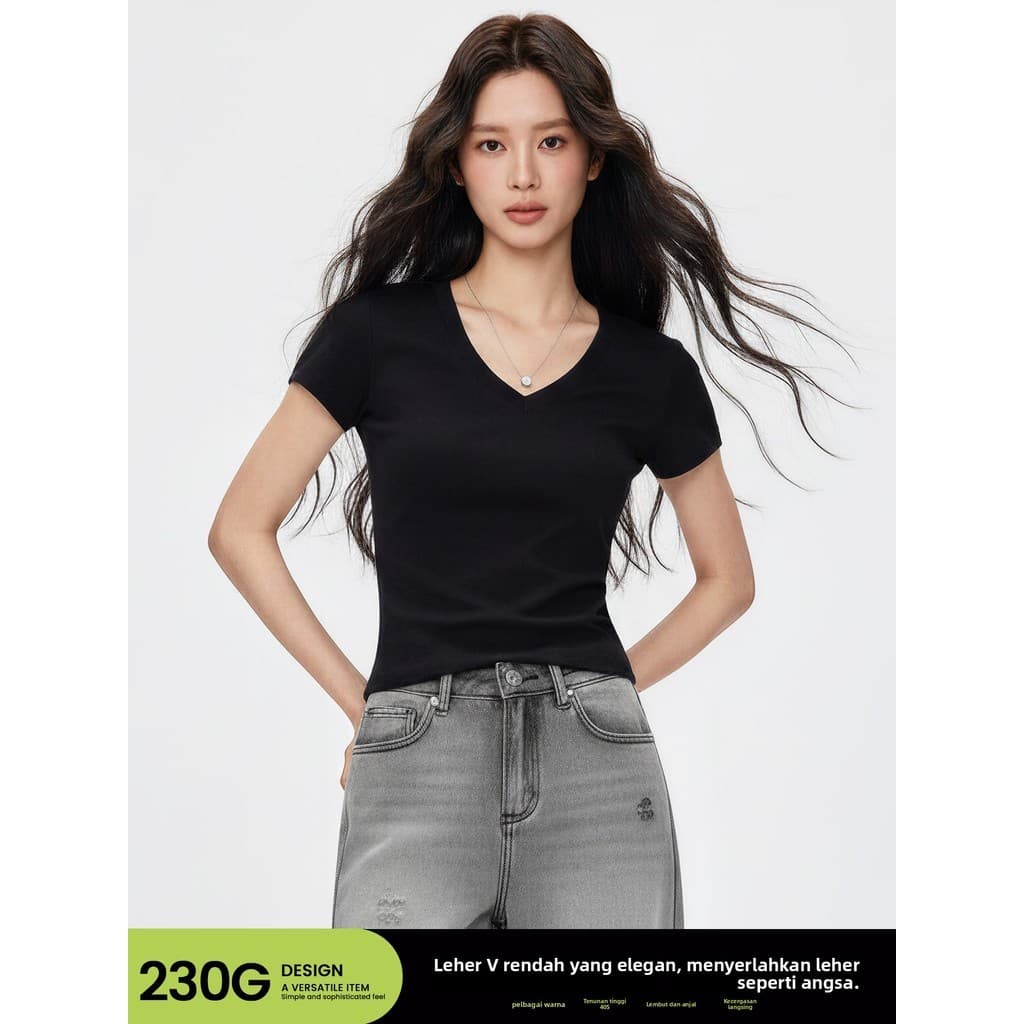 Ombro genuíno cor sólida manga curta camiseta feminina verão 2026 novo estilo branco com decote em V elástico cintura es