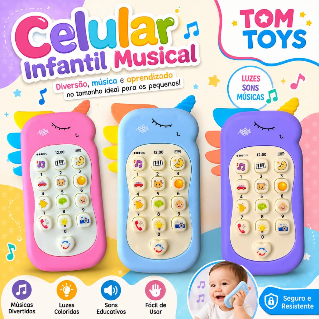 Celular Infantil Telefone Interativo Musical Unicórnio Bebê ou celular Dinossauro