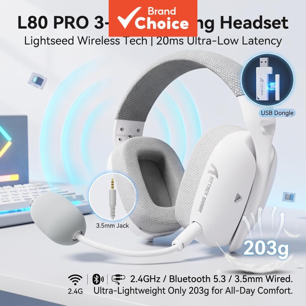 Attack Shark L80PRO Fones De Ouvido 3 Em 1 Para Jogos Lightseed Tecnologia Sem Fio 20ms Latência Ultrabaixa 2.4G USB Tip