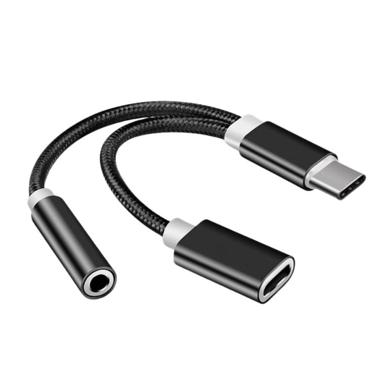 [Estoque pronto] tipo c Cabo adaptador de áudio trançado dois em um fone de ouvido de 3.5 mm para telefone Android Adapt