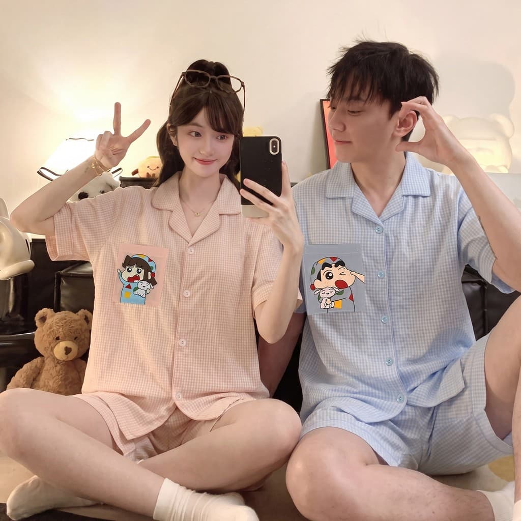 Casal pijamas feminino verão fino dos desenhos animados de manga curta 2026 novo estilo um homem uma mulher roupas para