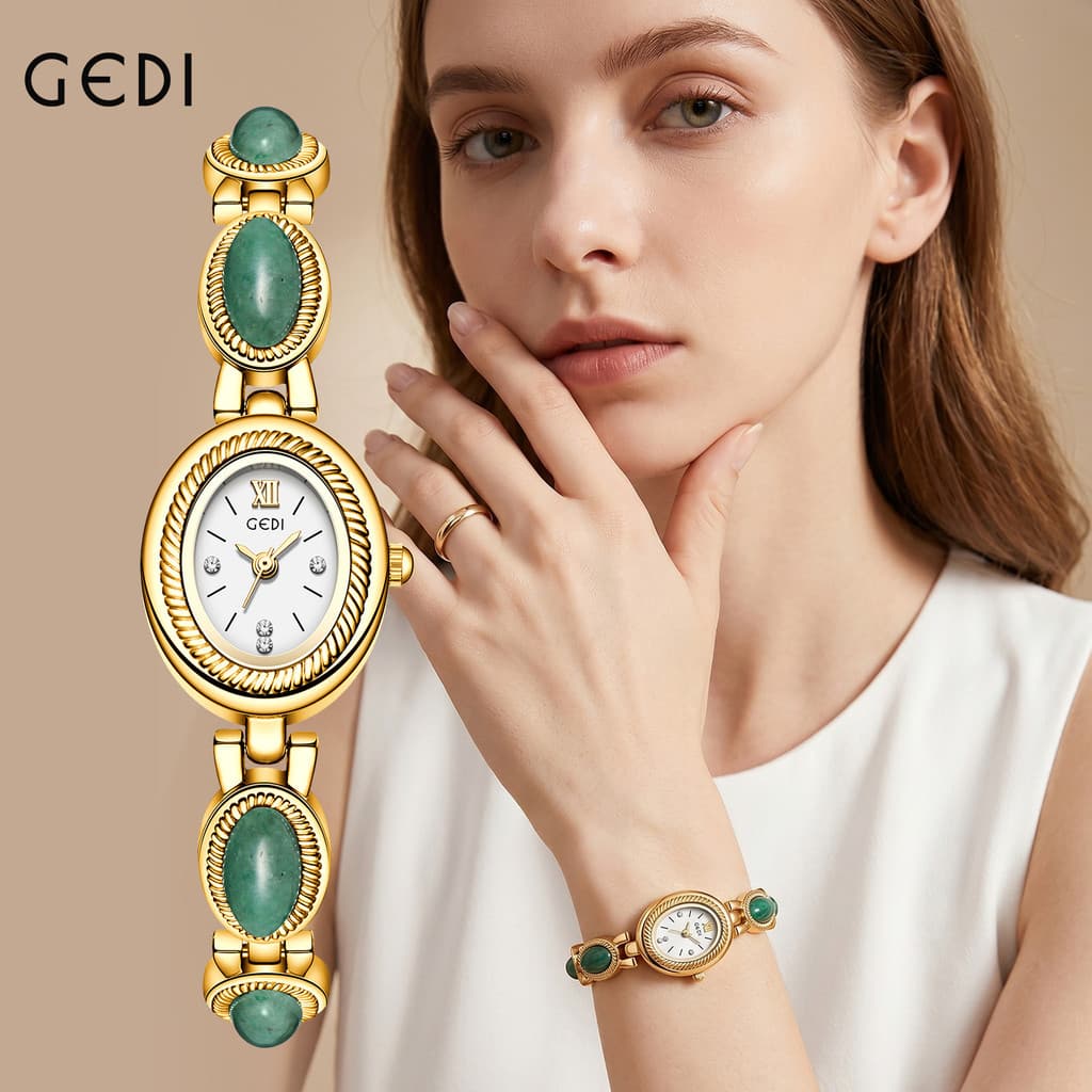 Relógio Feminino GEDI Pulseira de Jade Mostrador Oval Cravejado Estilo Chinês Luxuoso Quartzo Fino