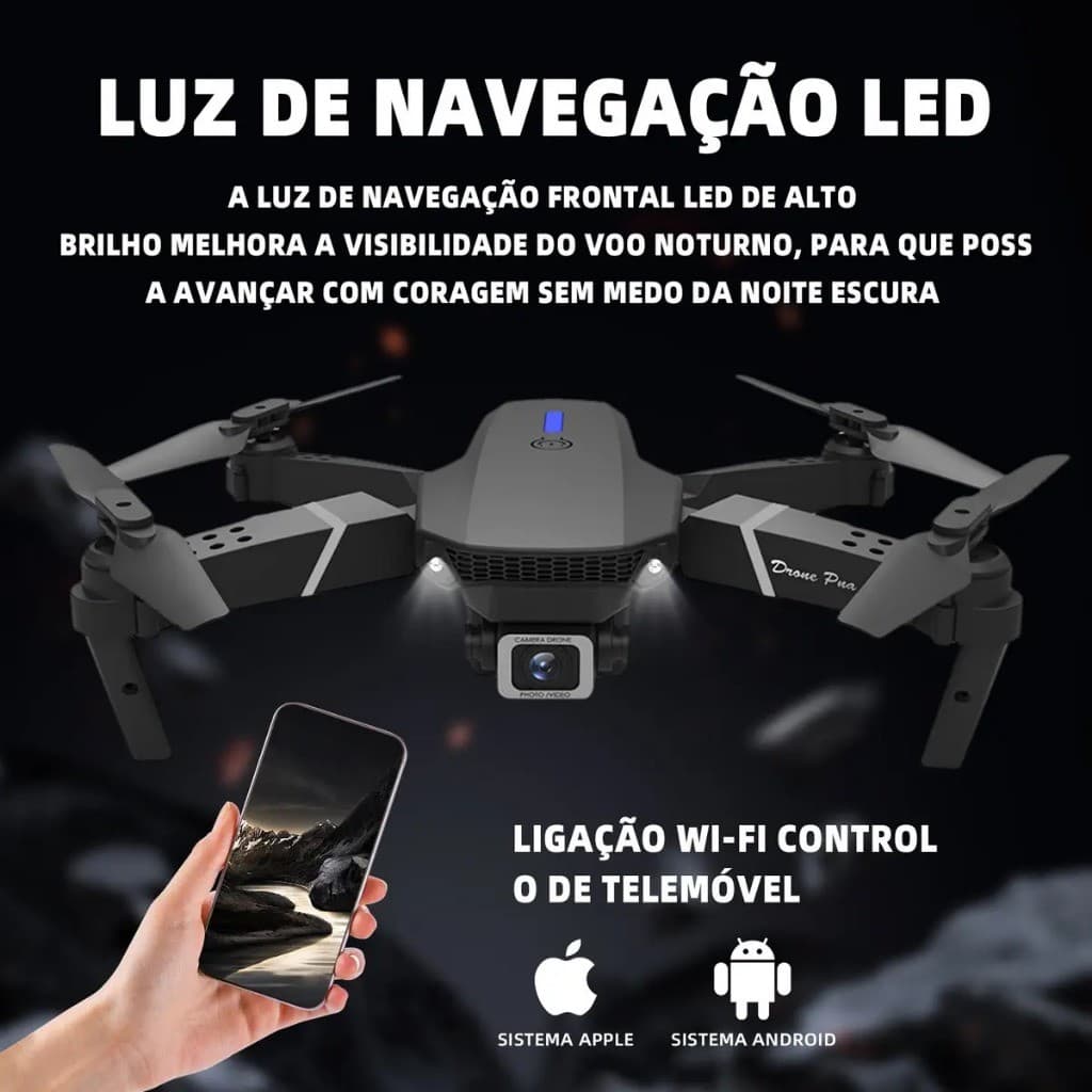 Drone E88 com Câmera HD 4K Wi-Fi FPV Fotografia Aérea Preto