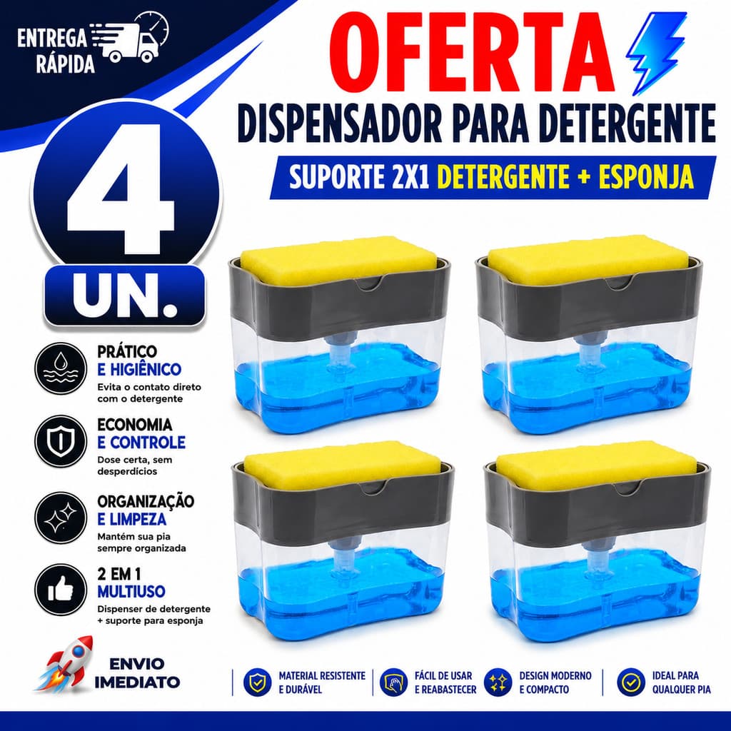 PORTA DETERGENTE COM ESPONJA DISPENSER SABÃO LÍQUIDO PARA PIA MULTIUSO