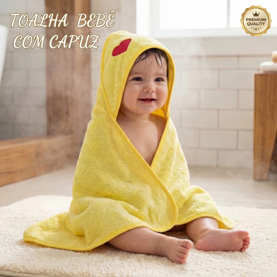 Toalha de Banho Bebê Felpuda com Capuz Infantil Macia e Absorvente 60cm x 60cm