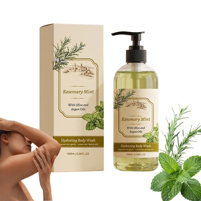 Gel de Banho Hidratante de Alecrim e Menta com Óleo de Oliva e Argan, Limpador Suave e Hidratante, Gel de Banho de Enxág