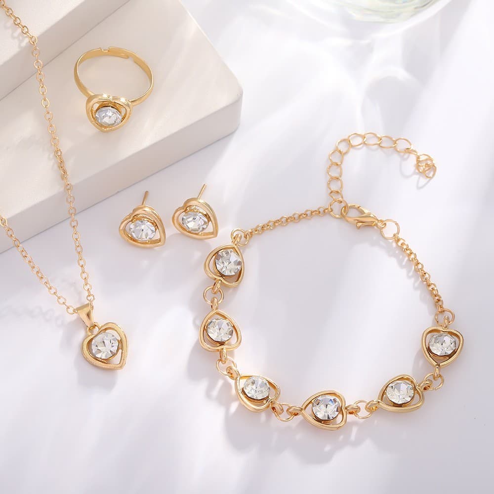 Novo Conjunto De Joias De Coração Europeu 4 Peças Colar Oco Brincos Pulseira De Anel Para Mulheres - Zestory